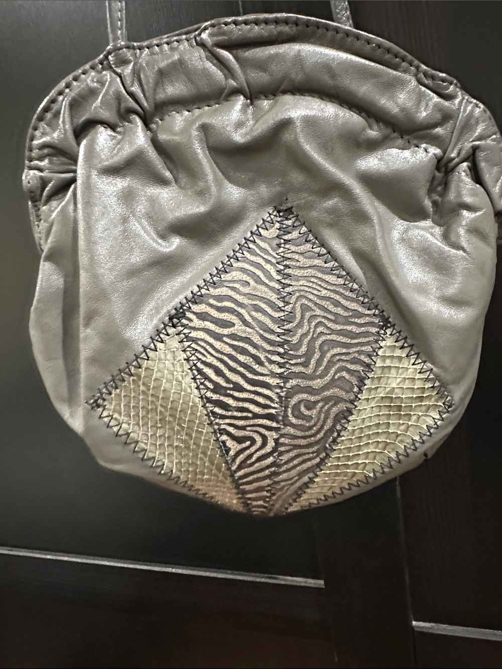 Grey Drawstring Crossbody Bag with Textured Patchwork